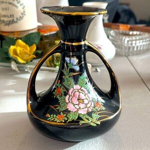 Vintage black hand painted Japanese mini vase